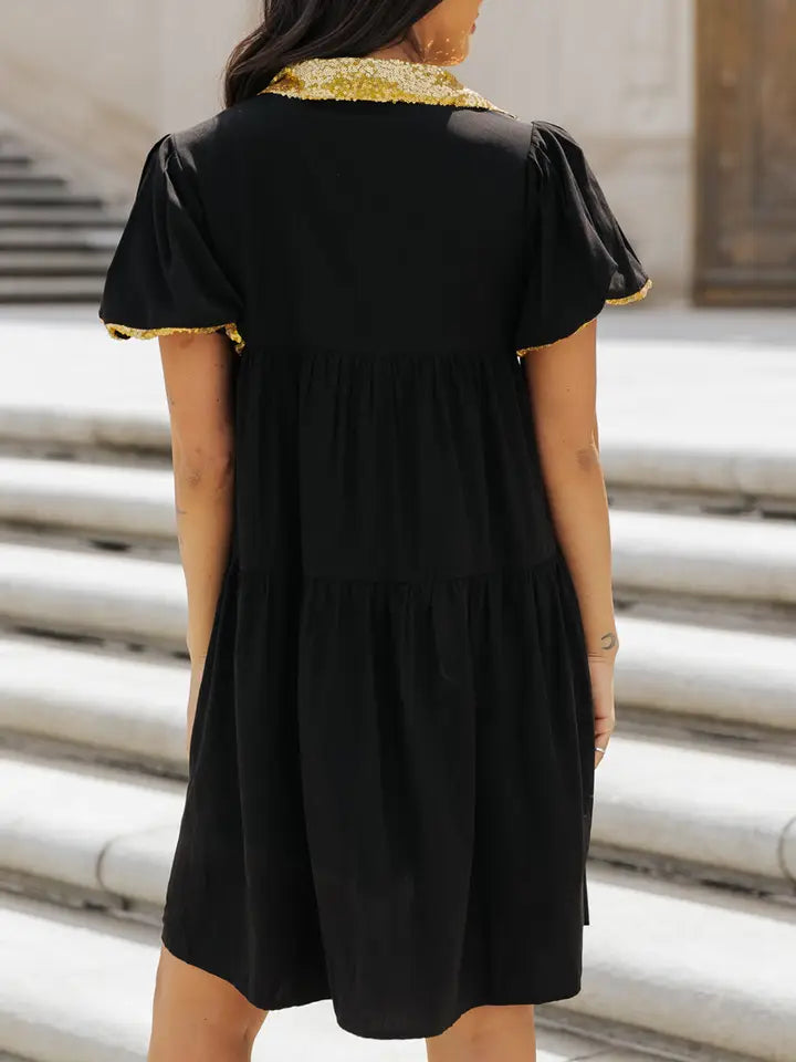 Sequin Trim Bubble Sleeve Game Day Shirt Dress