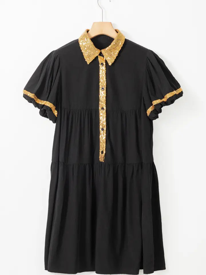 Sequin Trim Bubble Sleeve Game Day Shirt Dress